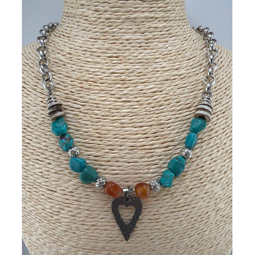 Artisan Handcrafted Turquoise Carnelian Bone Bead Heart Necklace